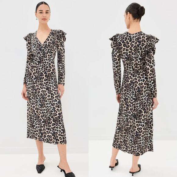 Farm Rio NWT Leopard Print V-Neck Midi Dress Natural Cream Size XS - Picture 1 of 9